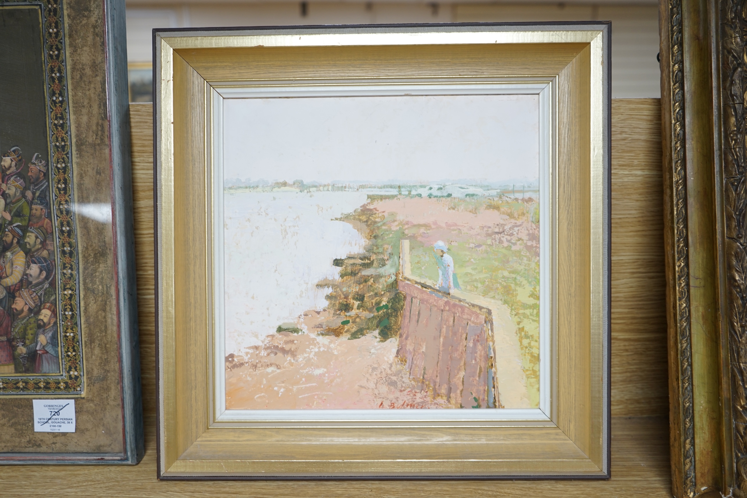 Lionel Bulmer (English, 1919-1991), oil on board, 'Sea Wall, River Blyth', signed, label verso, 29 x 29cm. Condition - good